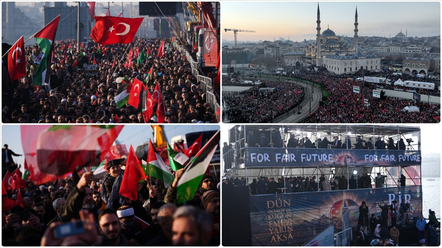 Filistin'e destek için yüz binler Galata Köprüsü'nde buluştu.